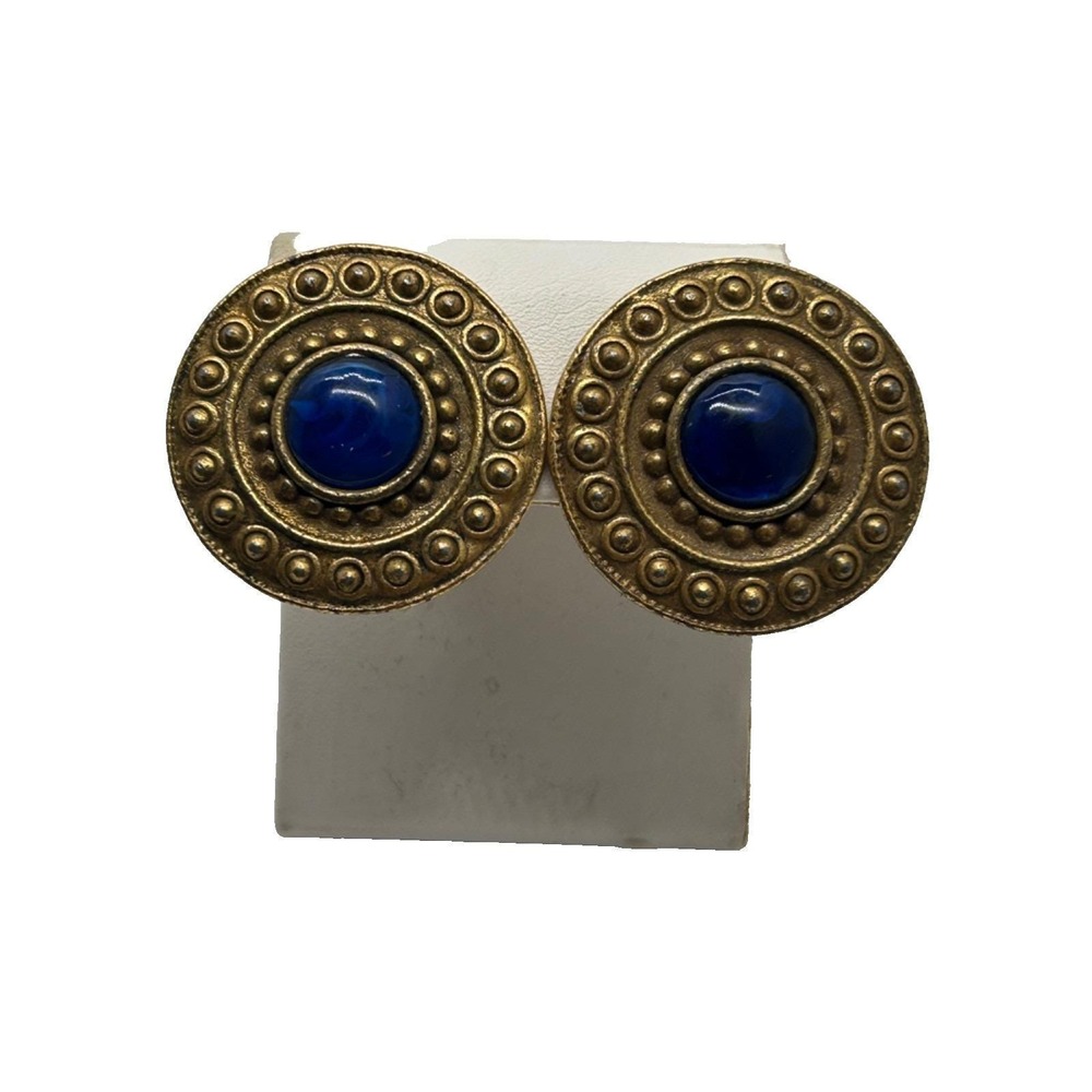 Vtg Les Bernard Runway Bronze RARE‎ Blue Cabochon Medallion Disc Earrings L